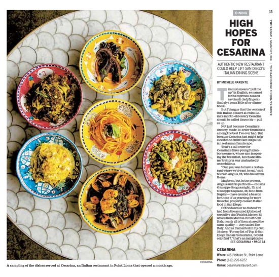 Link to San Diego Union Tribune article about Cesarina Restaurant