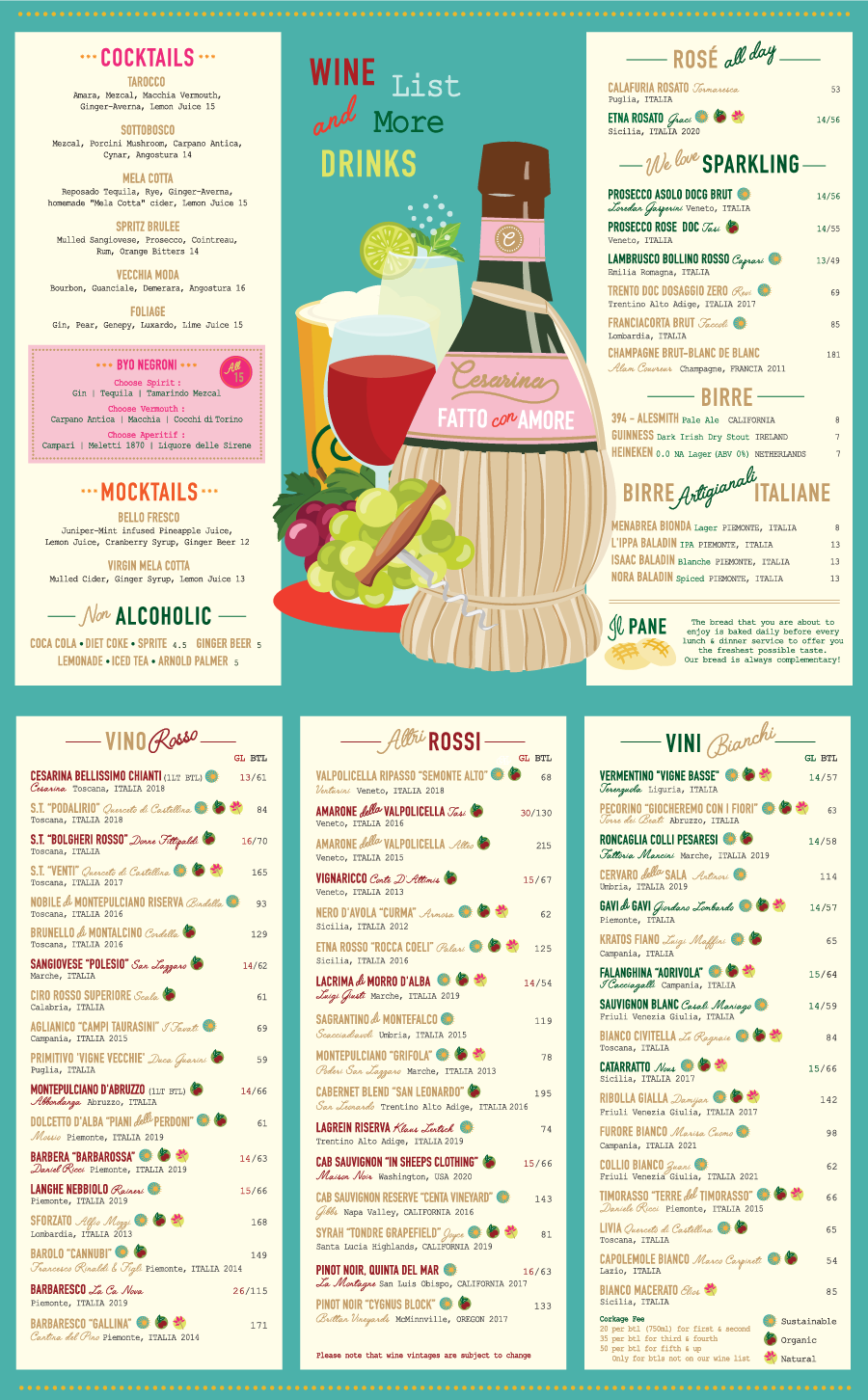 Cesarina wine and drink menu