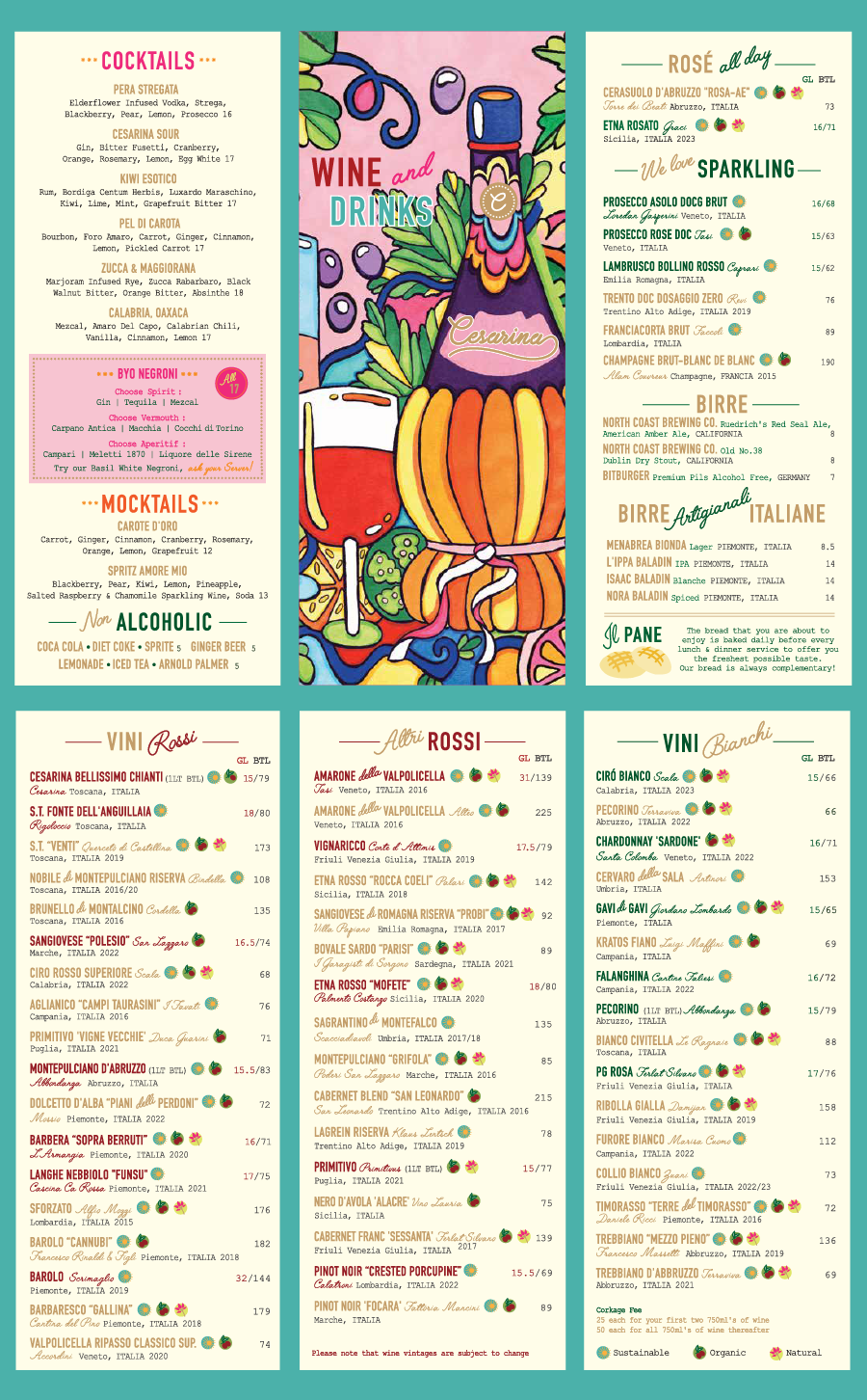 Cesarina Wine and Beverage menu