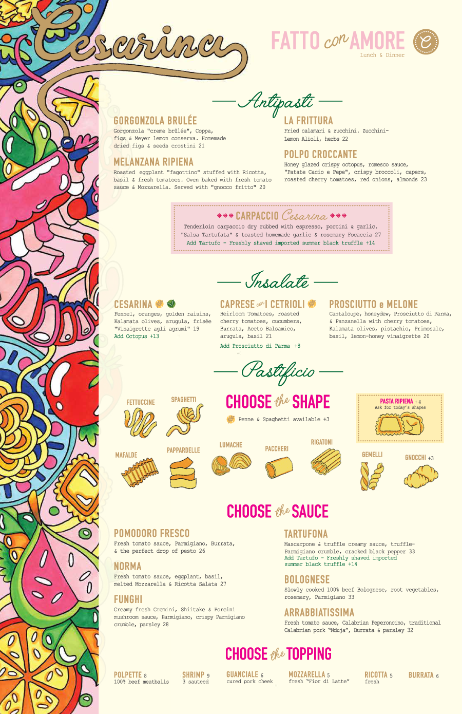 Cesarina Lunch/Dinner Menu - Front