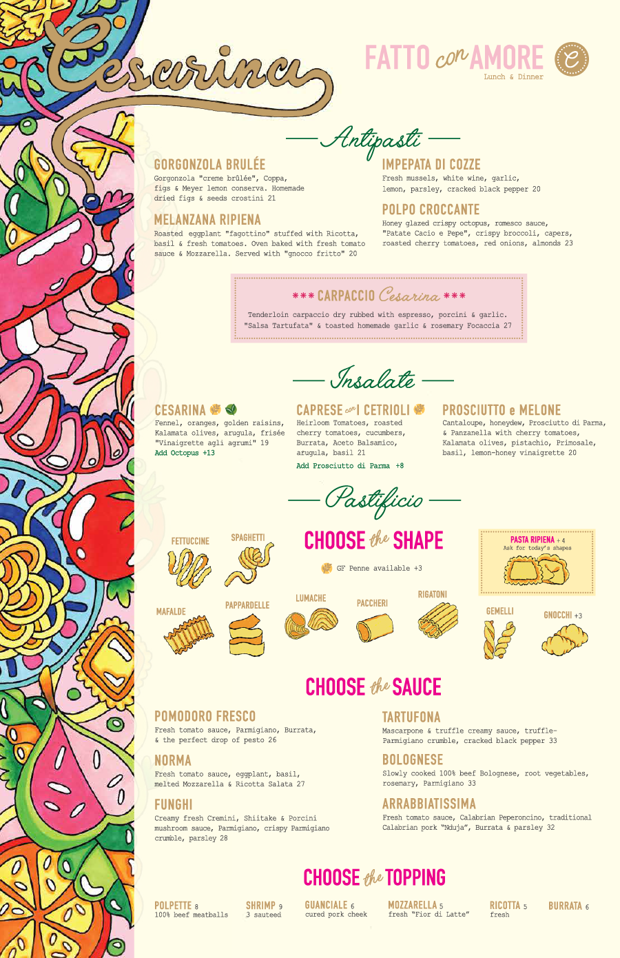 Cesarina Lunch/Dinner Menu - Front