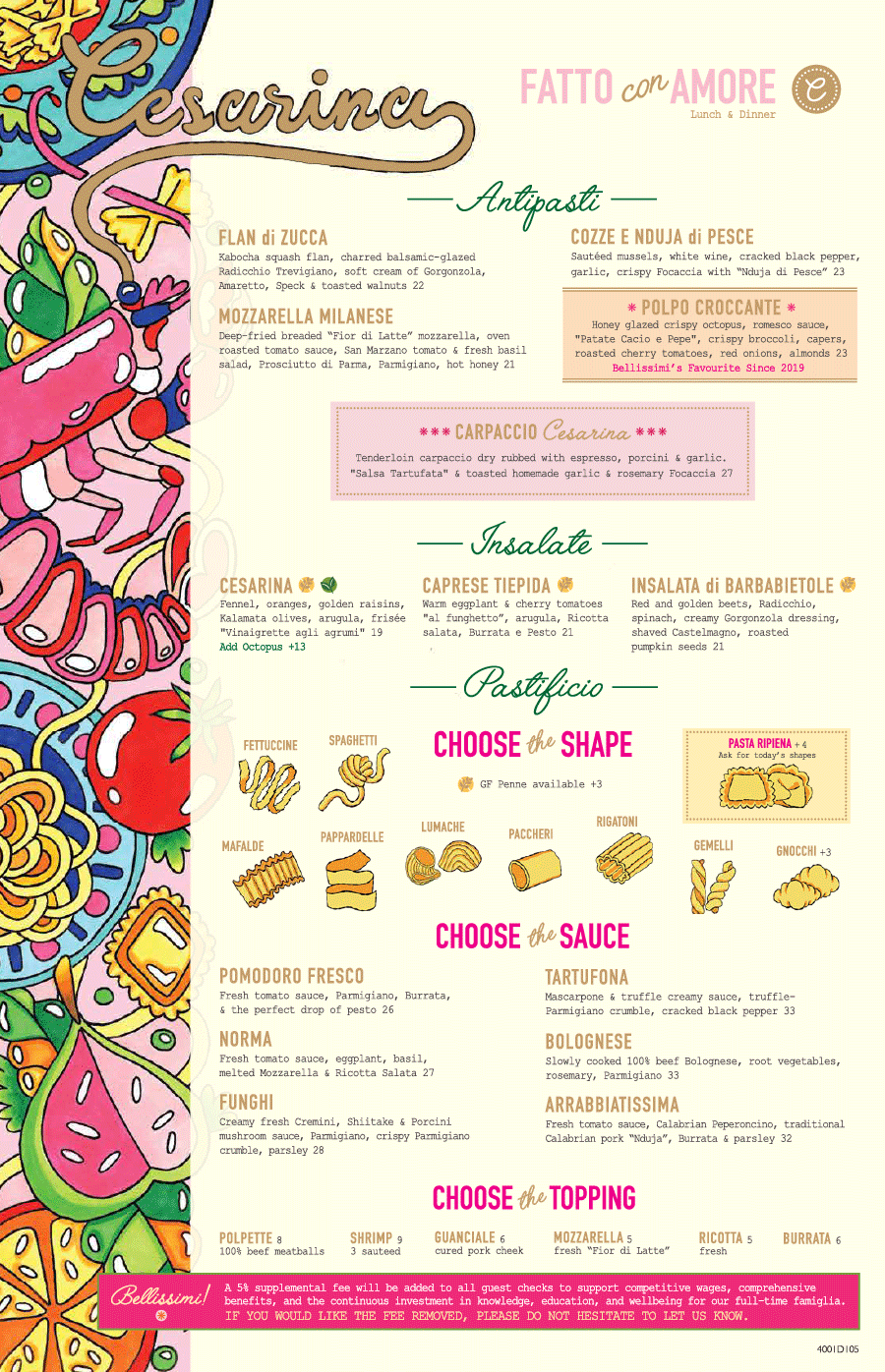 Cesarina Lunch/Dinner Menu - Front